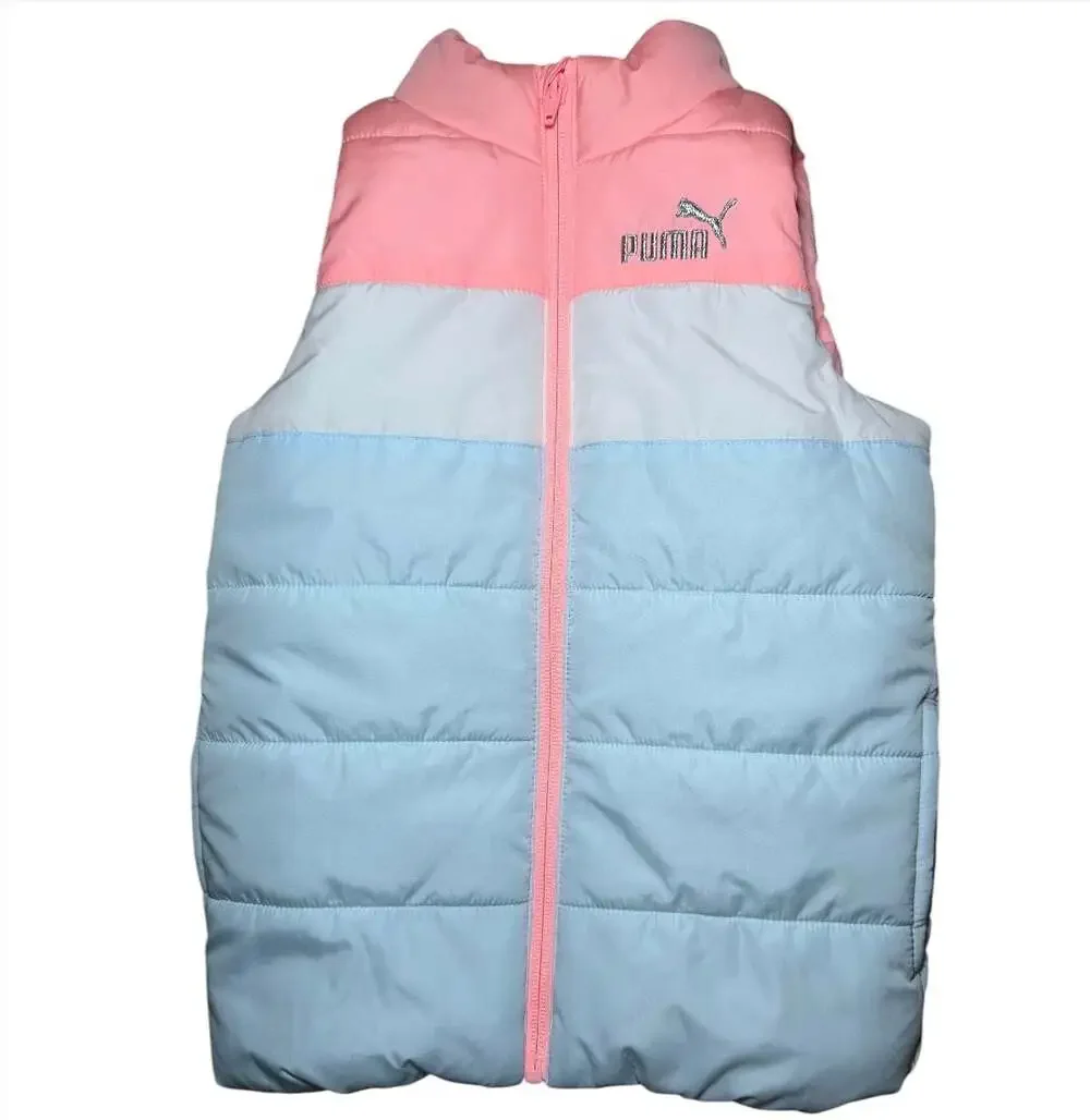 Puma Girls Puffer‎ Vest Pink Blue Colorblock Full Zip Lightweight XS 4/5